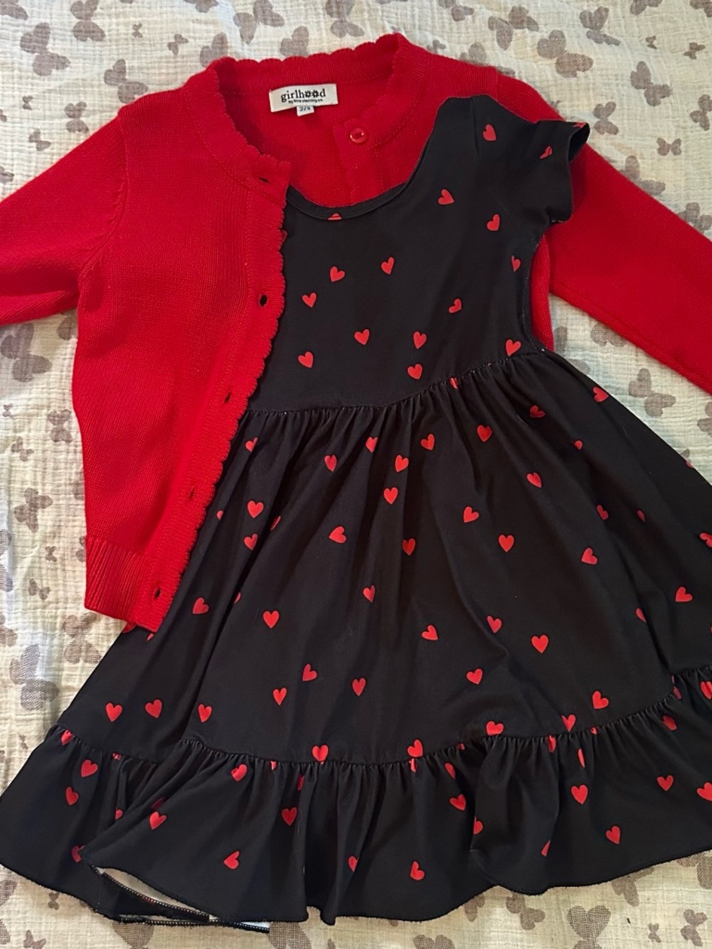 Girlhood Black Heart-Print Dress with Red Cardigan - Girls